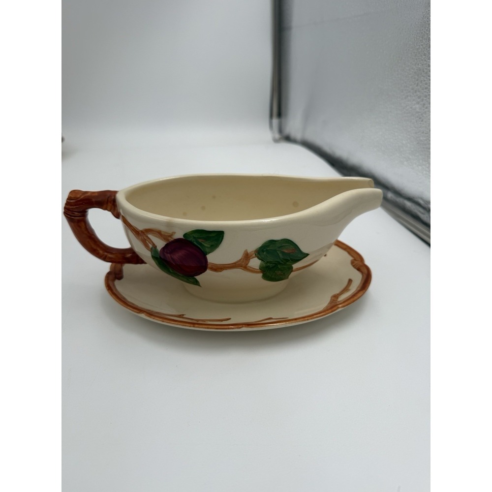 Franciscan Gladding McBean Pottery Apple Design Gravy Boat w Attached Plate USA